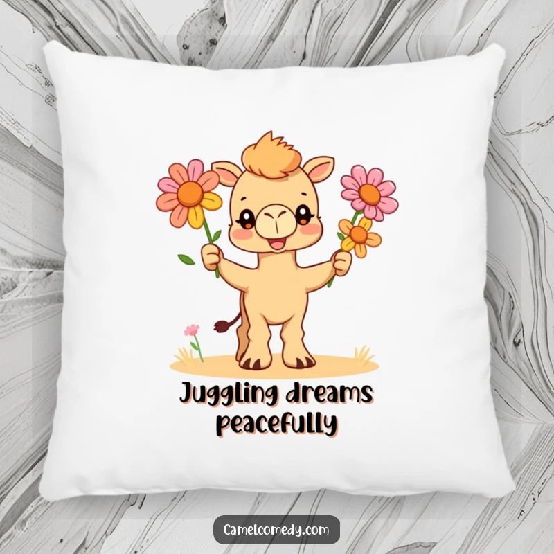 Funny pillow featuring a happy camel artistically juggling three colorful desert flowers, offering comfort and a touch of desert whimsy.