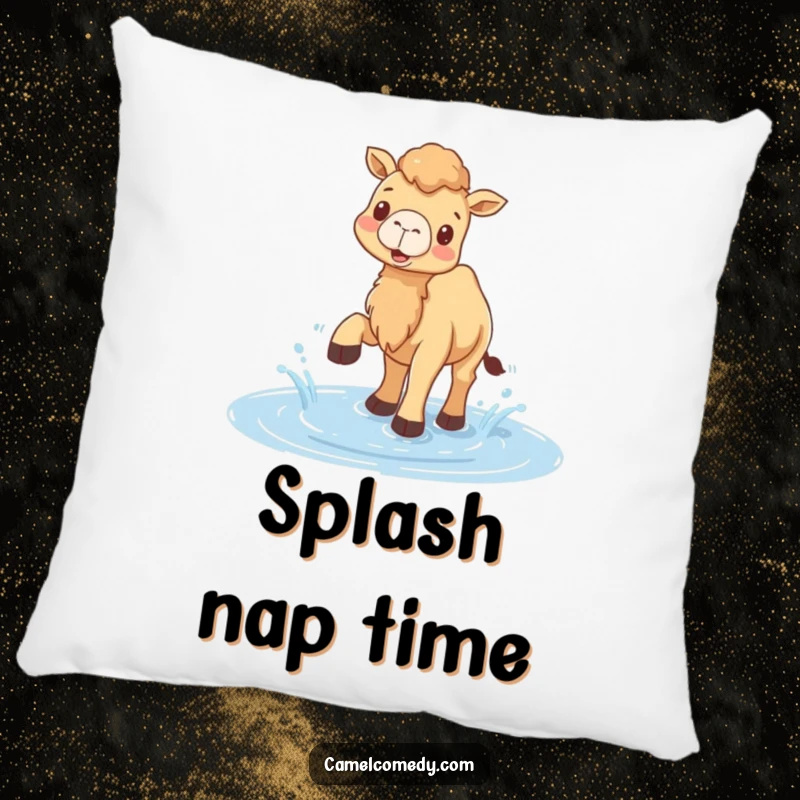 Funny pillow showcasing a happy camel splashing water playfully with its feet in a puddle, bringing a touch of whimsy.