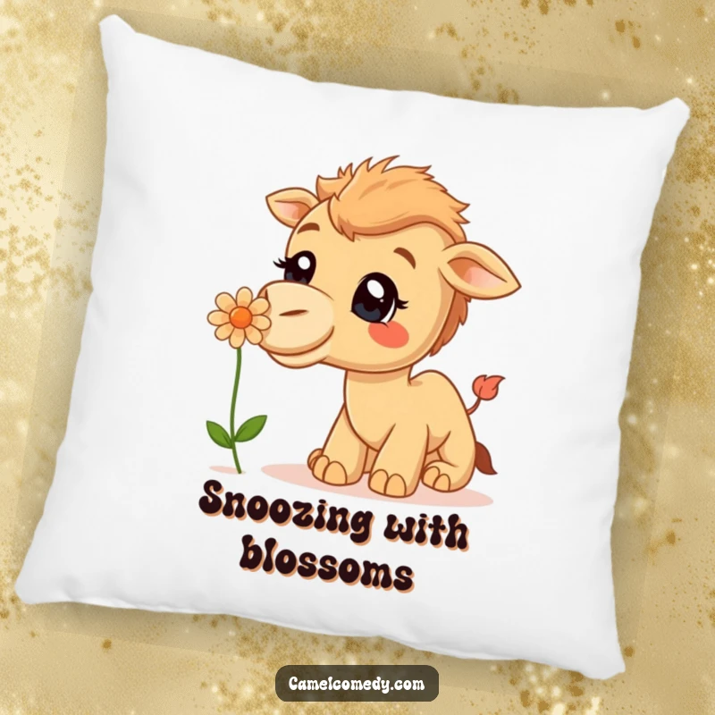 Funny Pillow: A curious camel with a big smile is depicted sniffing a delicate desert flower.
