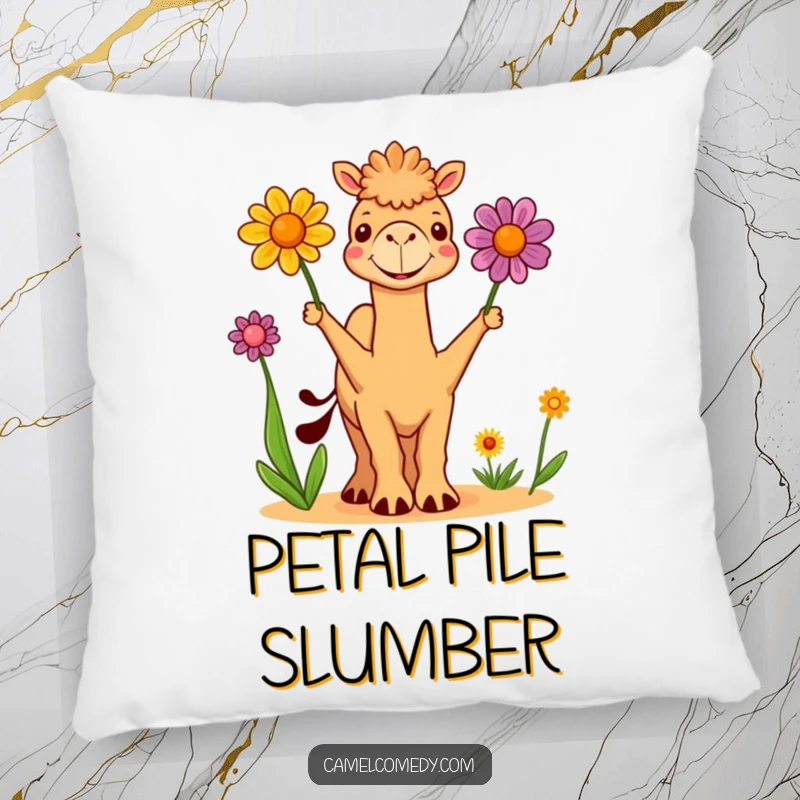 Funny Pillow: a cute camel happily juggles three colorful desert flowers on a soft surface, providing a funny and comforting decorative touch.