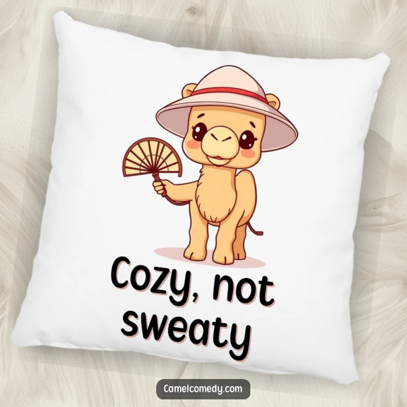 Funny kawaii camel in a bucket hat, holding a fan and looking warm, depicted on a soft pillow.