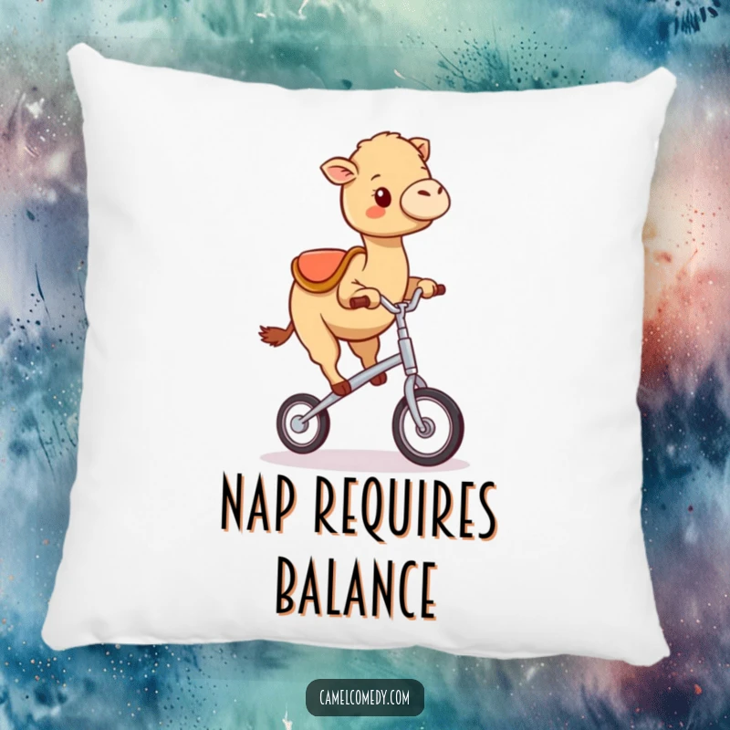 Funny kawaii camel happily wobbling on a tiny unicycle, depicted on a soft and comfortable pillow.