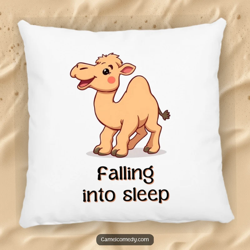 Funny camel tripping over its large feet, with a wide smile, on a soft, decorative, and humorous pillow.