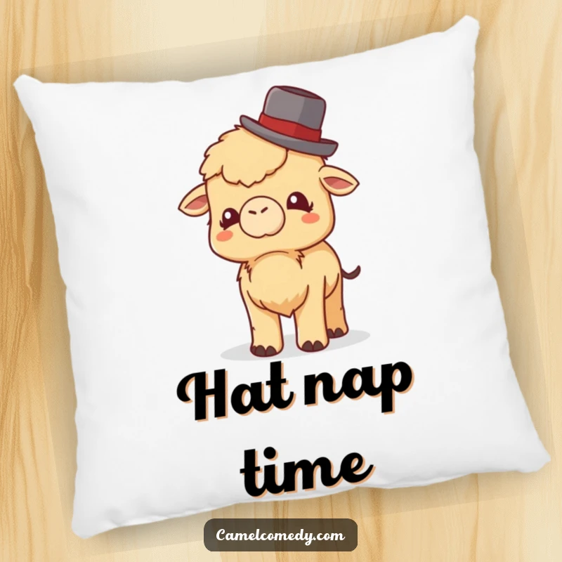 Funny Little Camel Pillow: a tiny camel tipping a bowler hat with a giggle, offering funny comfort and dapper charm.