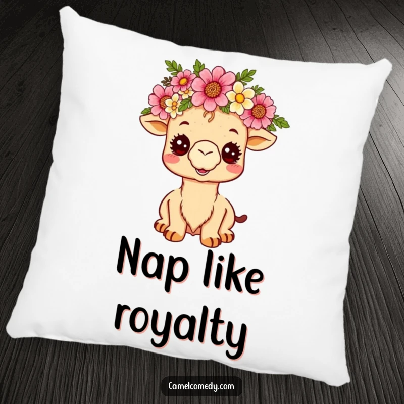 Funny kawaii camel with a desert flower crown, beaming contentedly on a soft pillow, perfect for comfortable, humorous decor.