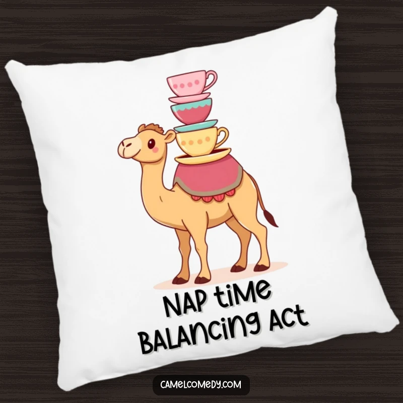 Funny pillow featuring a kawaii camel balancing a stack of colorful teacups on its hump, providing comfort and a touch of whimsy.