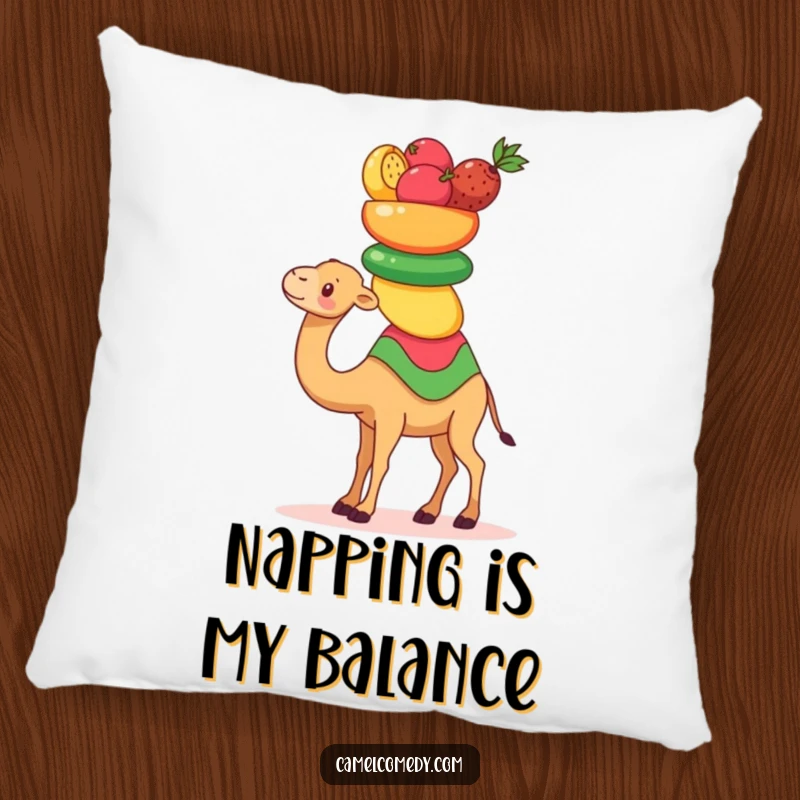 Funny Kawaii Camel Pillow with a cute camel balancing fruits, a humorous and comfortable decorative item.
