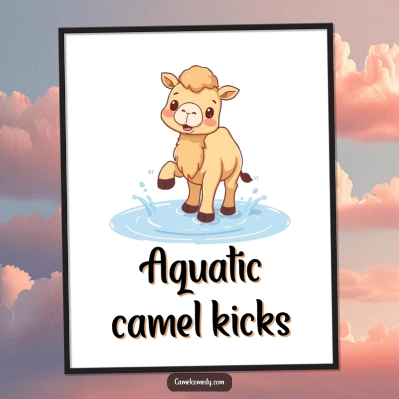 Funny digital art print of a happy camel splashing water with its feet in a puddle, conveying pure, unbridled joy.