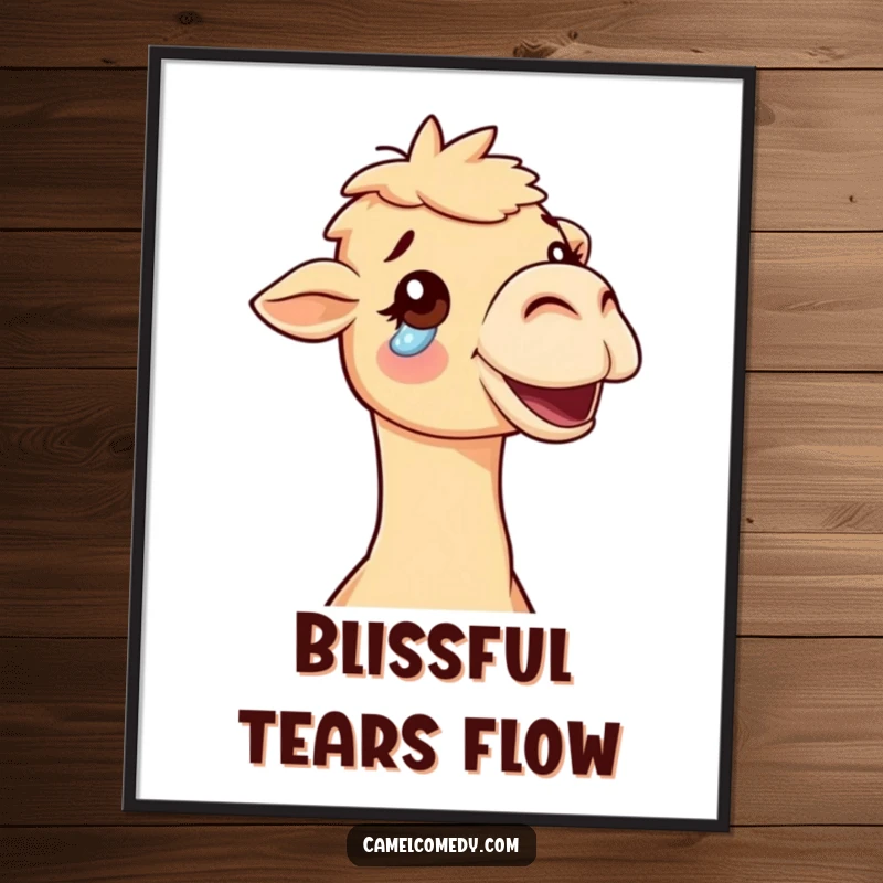 Funny delighted camel with a tear of pure joy rolling down its cheek, heartwarming and humorous digital art.