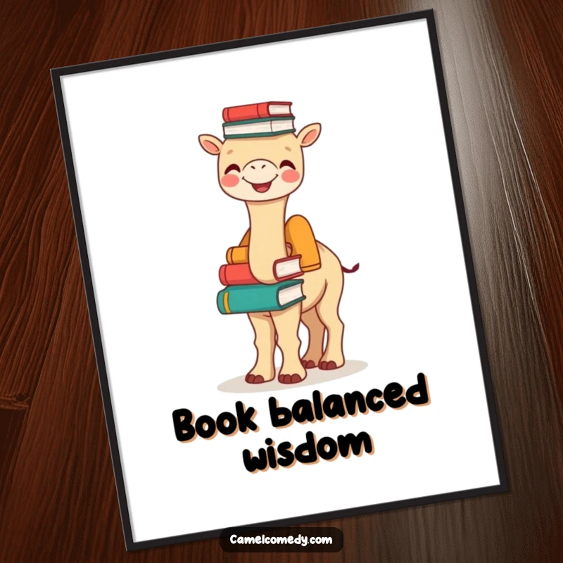 Funny Bookish Camel Digital Art: a joyful camel balances a stack of books on its hump, creating a funny and intelligent wall art piece.