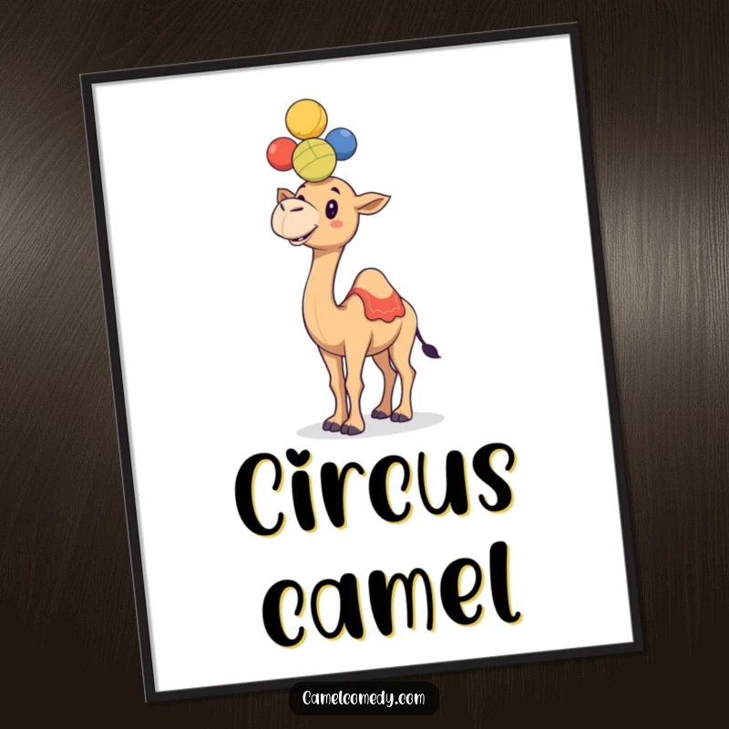 Funny, cheerful camel juggling colorful balls on its hump, available as a humorous digital art print.