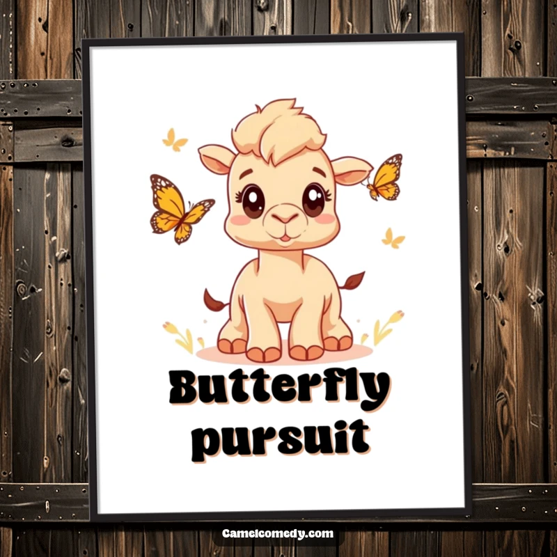 Funny digital art print of a cute camel with wide eyes chasing a butterfly, capturing a moment of whimsical joy and nature's beauty.