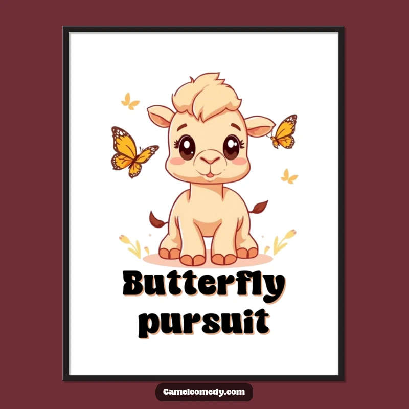 Funny Camel Butterfly Chase Digital Art: Printable Whimsical Wide Eyes, Instant Funny Gift