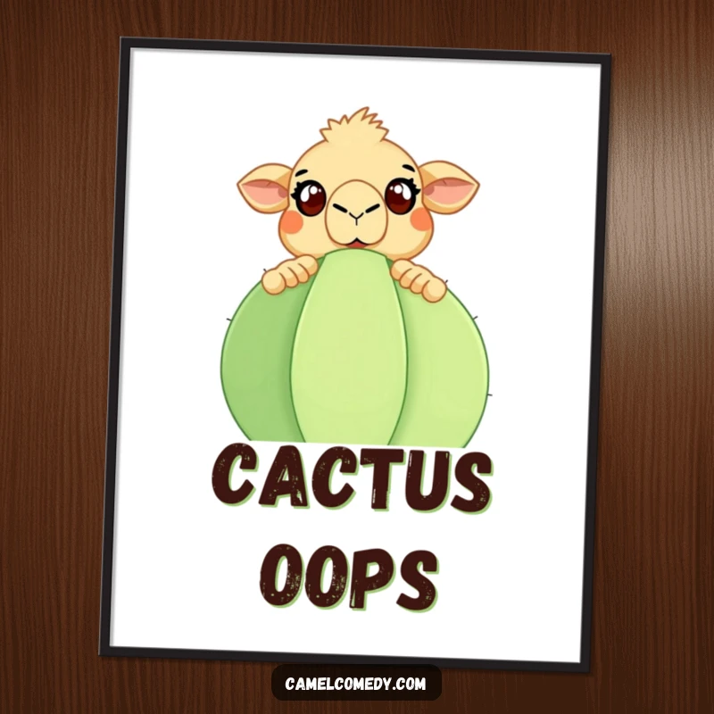 Funny Camel Digital Art Print: A surprised camel with wide eyes peeking over a large cactus. Printable funny gift.