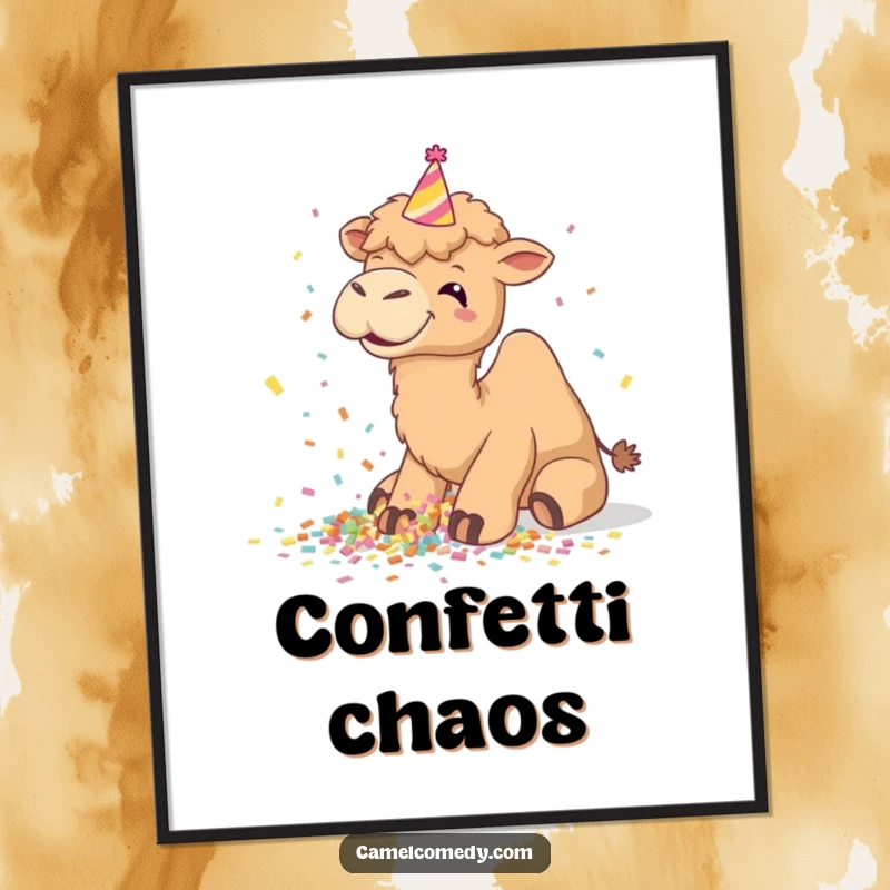 Funny digital art print, camel giggling and spilling confetti, wearing a party hat, high-resolution, perfect for framing.