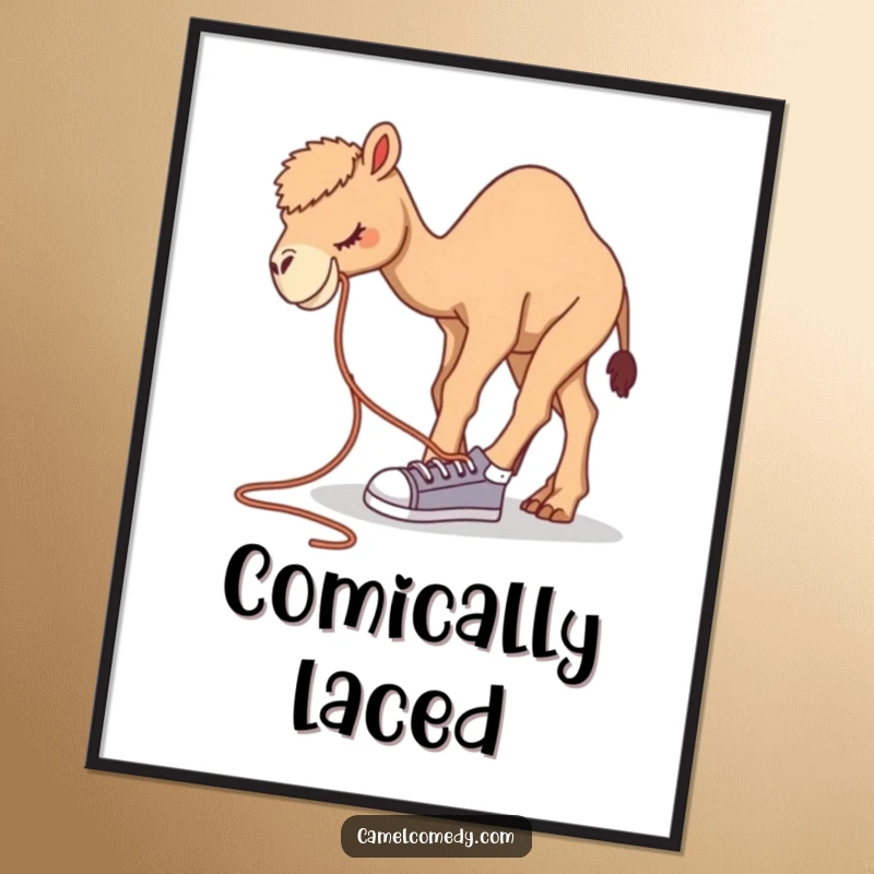 Funny camel digital art print of a camel bending over to tie a comically large shoelace, full of humor.