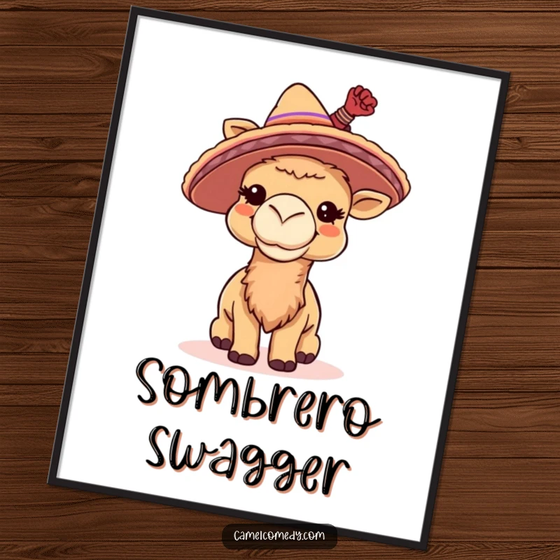 Funny digital art print of a giggling camel wearing a small sombrero and tipping it, embodying pure fiesta joy.