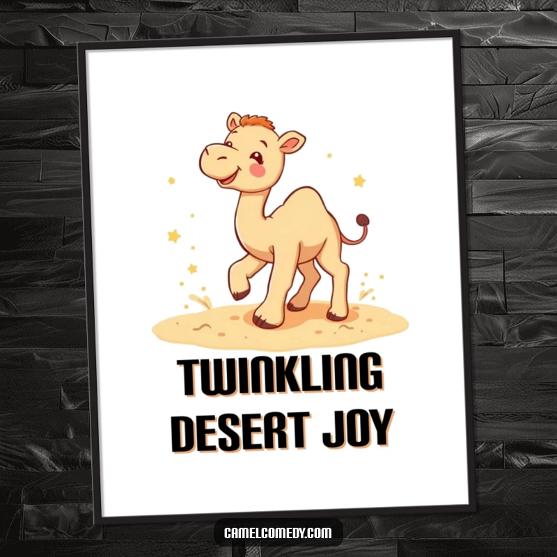 Funny camel star kicker digital art print showing a camel gleefully kicking up sand with tiny stars, full of playful energy.