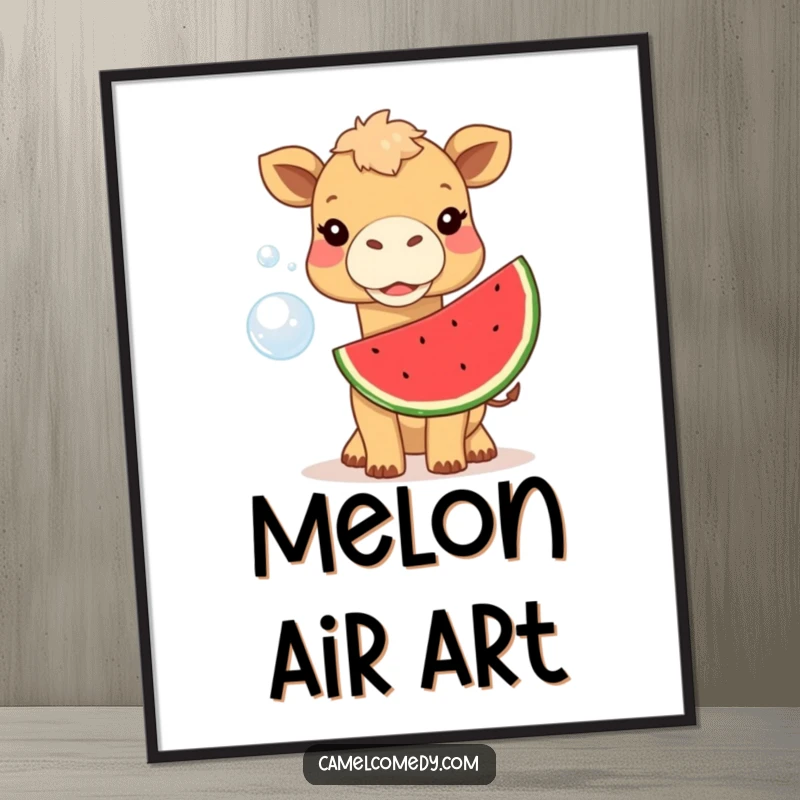 Funny camel character blowing a big watermelon bubble, as a printable digital art piece, perfect for a humorous gift.