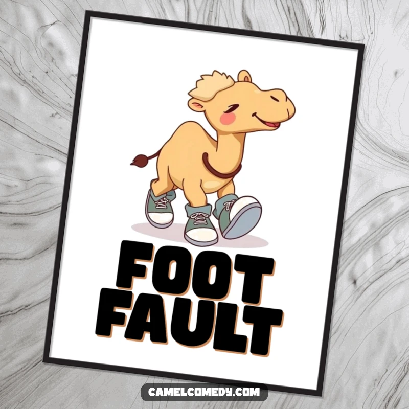 Funny digital art print of a giggling camel comically tripping over its own oversized shoes, a whimsical and humorous piece for any decor.