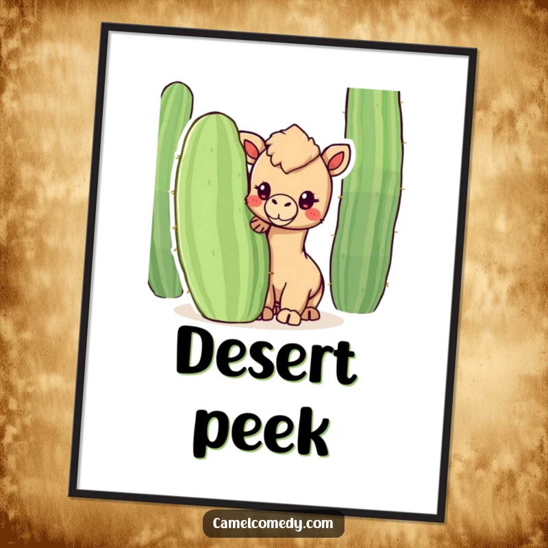 Funny digital art print of a kawaii camel peeking from behind a cactus, capturing a moment of charming desert humor.