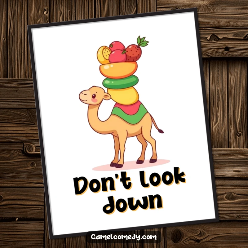 Funny Kawaii Camel Digital Art Print of a cute camel balancing fruits, humorous and downloadable art.