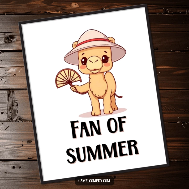 Funny kawaii camel wearing a bucket hat and holding a fan, looking warm, as a digital art print.