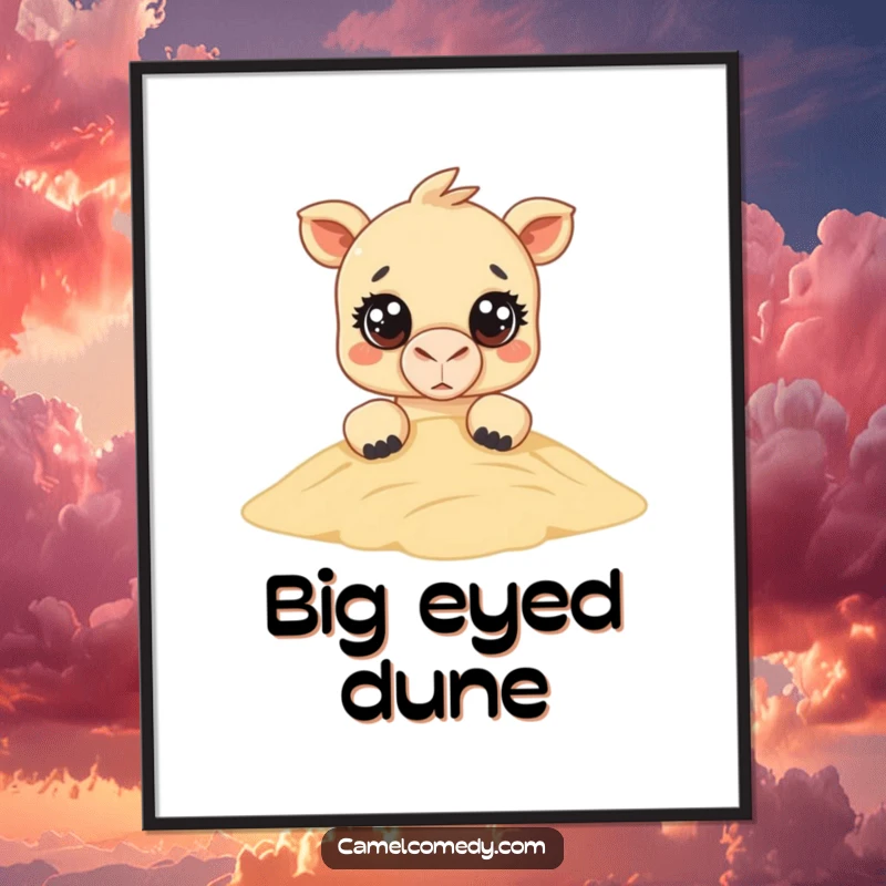 Funny Kawaii Camel Digital Art: an adorable camel with large eyes peeks over a sand dune, creating a cute and funny wall art piece.