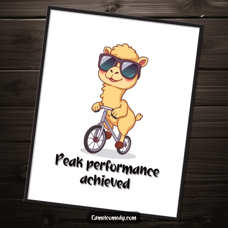 Funny digital art print of a kawaii camel in sunglasses riding a unicycle, a stylish and humorous decorative piece.