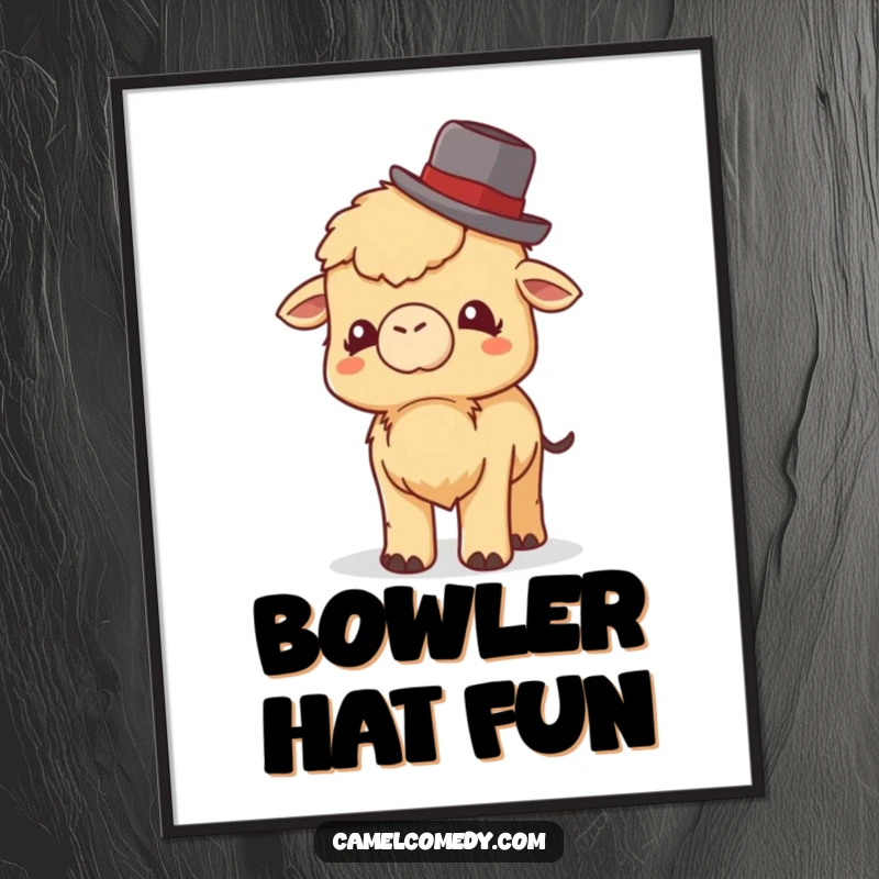 Funny Little Camel Digital Art: a small camel tipping a bowler hat with a giggle, creating a funny and heartwarming wall art piece.
