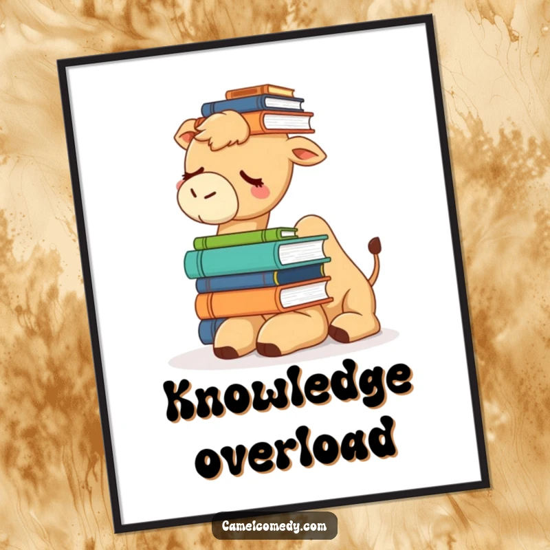Funny digital art print of a sleepy camel precariously balancing a stack of books on its head, conveying relatable exhaustion.