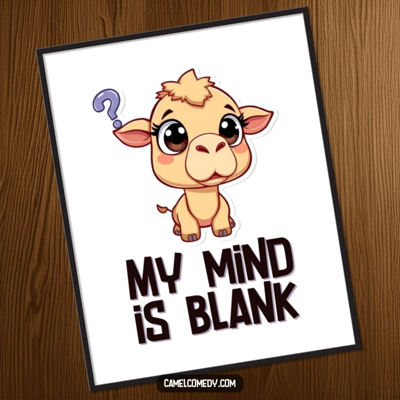 Funny surprised camel with wide eyes, looking with deep contemplation at a floating question mark, humorous digital art.