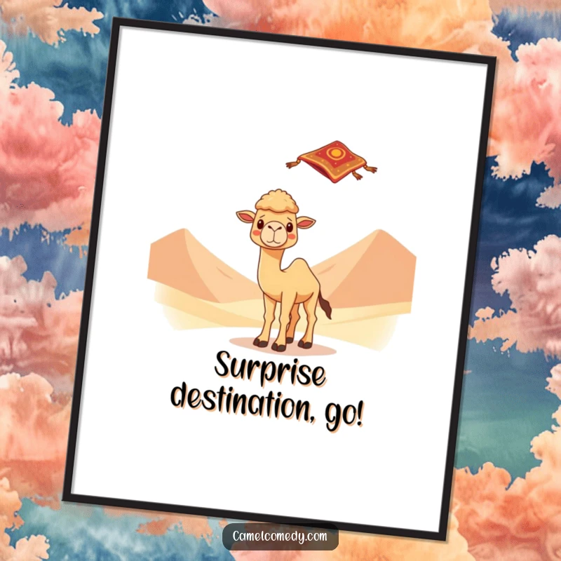 Kawaii camel looking surprised by a flying carpet amidst desert dunes, as a digital art print, bringing whimsical magic to any room.