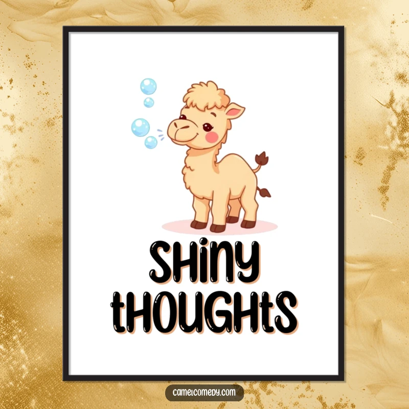 Funny digital art print of a tiny camel gleefully blowing a stream of sparkly bubbles, a whimsical and joyful piece for any decor.