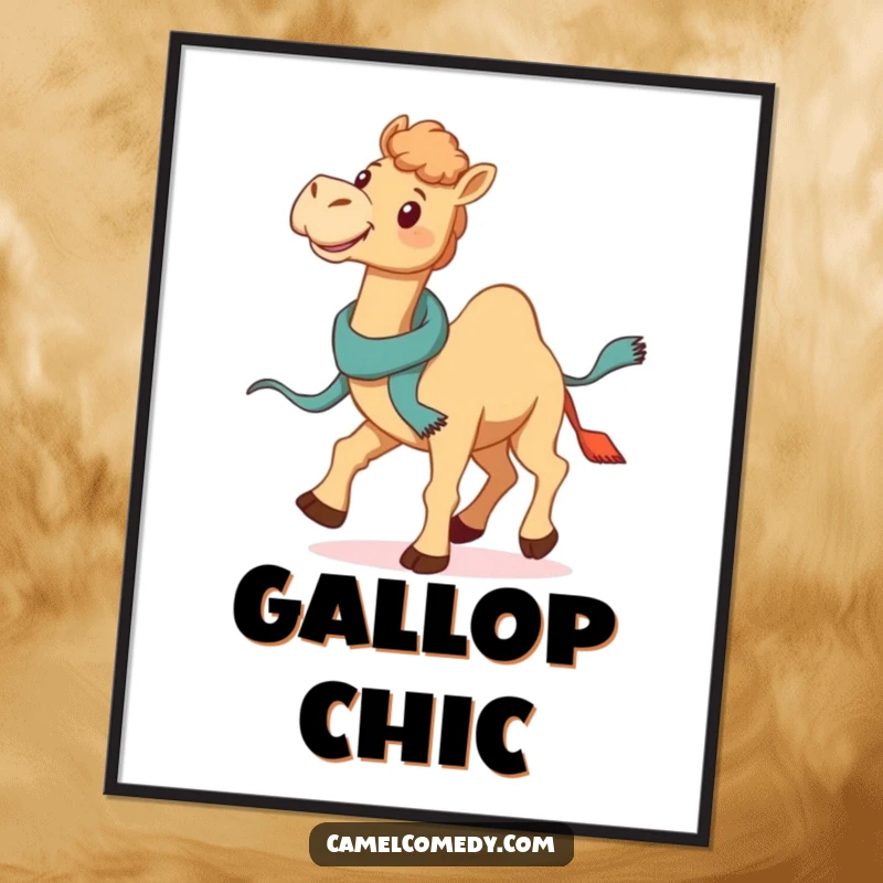 Funny Galloping Camel Digital Art: a smiling camel gallops with a jaunty scarf trailing, embodying funny energy and artistic flair.