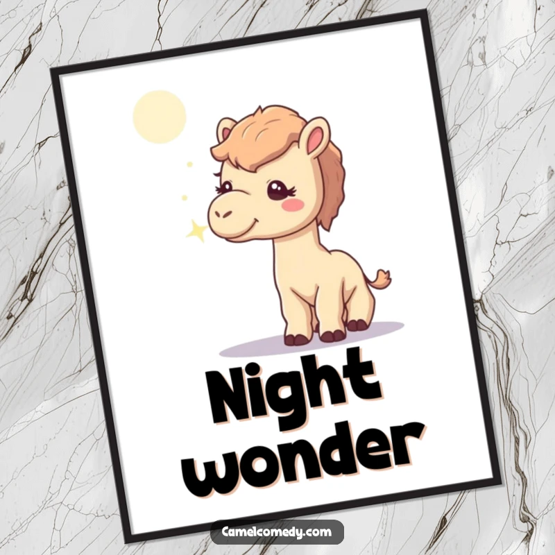 Funny digital art print of a curious camel sniffing a solitary, sparkling moonbeam, a whimsical and enchanting piece for any decor.