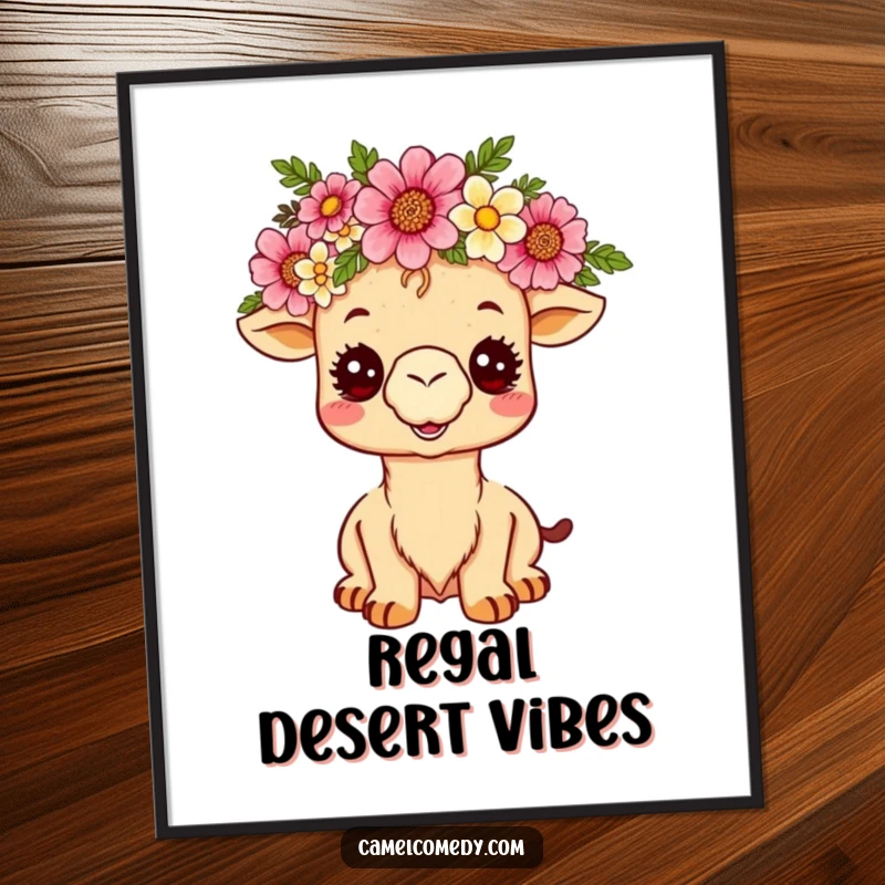 Funny kawaii camel wearing a desert flower crown, beaming with joy, a downloadable digital art print for humorous decor.