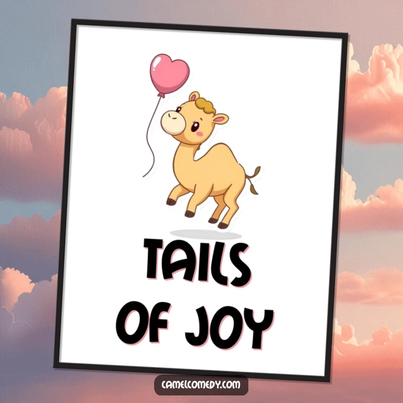 Funny digital art print of a playful camel with a balloon tied to its tail, gently floating upwards, embodying pure joy.