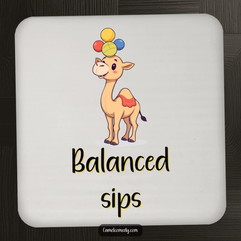 Funny camel juggling colorful balls on its hump, depicted on a humorous and protective drink coaster.