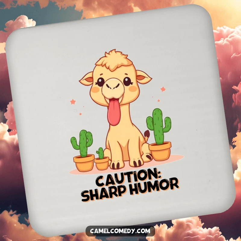 Funny drink coaster featuring a camel sticking its tongue out while juggling three small cacti, protecting surfaces with humor.