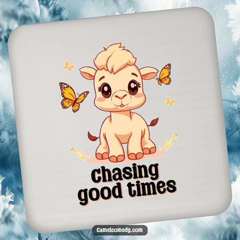 Funny coaster set featuring a cute camel with wide eyes chasing a butterfly, offering humorous protection for drink surfaces.