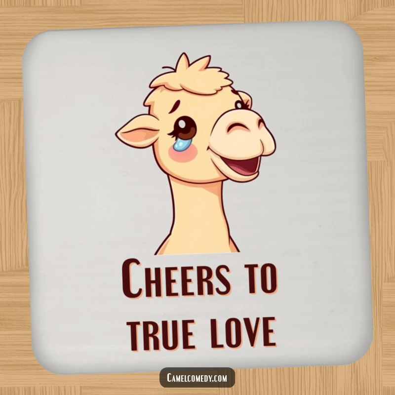 Funny delighted camel shedding a single tear of joy, a humorous and sentimental drink coaster.