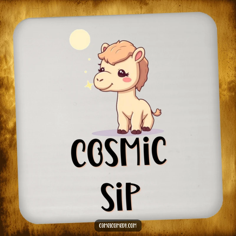 Funny drink coaster featuring a curious camel sniffing a solitary, sparkling moonbeam, protecting your furniture with whimsical charm.