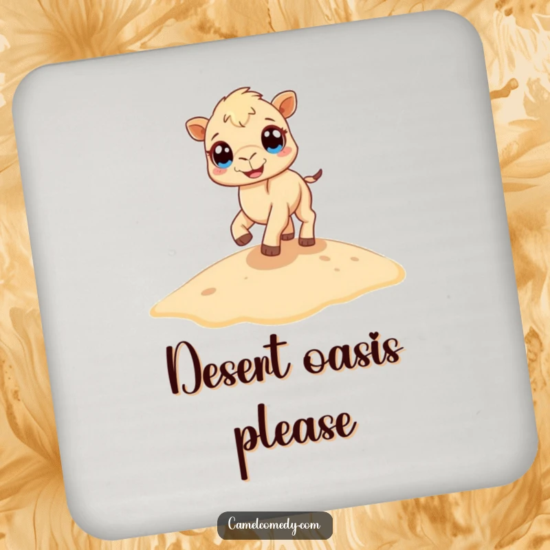 Funny camel coaster depicting a tiny camel with large eyes joyfully bouncing on a sand dune, protecting surfaces with humor.