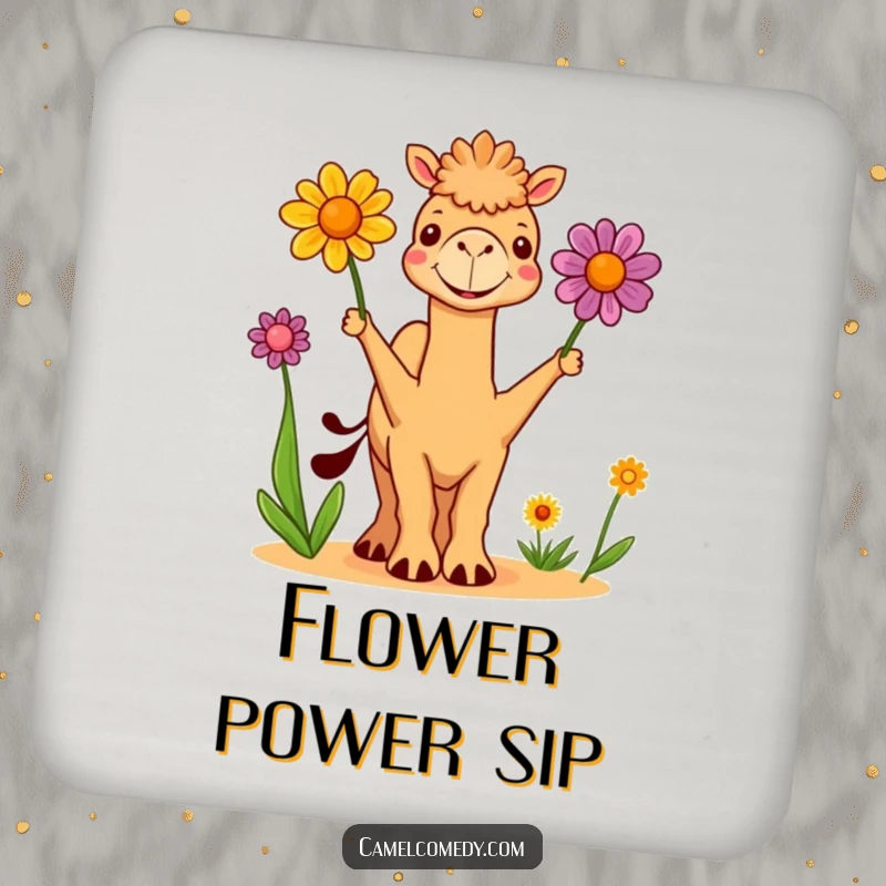 Funny Coaster: a cute camel juggling three colorful desert flowers, protecting surfaces with funny charm and desert flair.