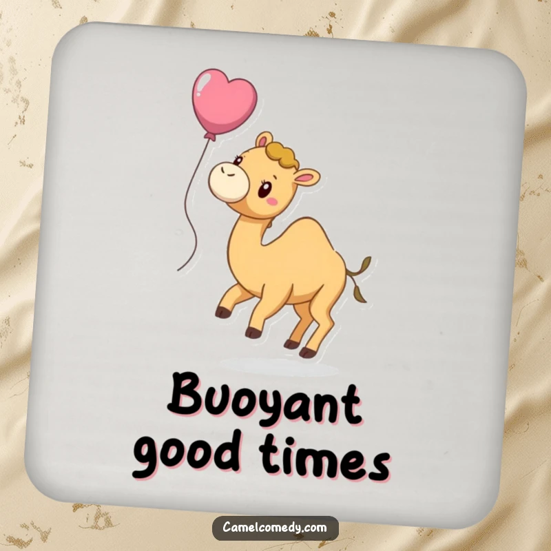 Funny coaster set featuring a playful camel with a balloon tied to its tail, floating slightly, adding whimsy to surfaces.