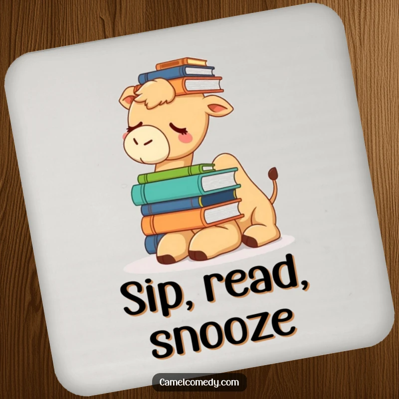 Funny coaster set featuring a sleepy camel balancing a stack of books on its head, adding humor to drink service.