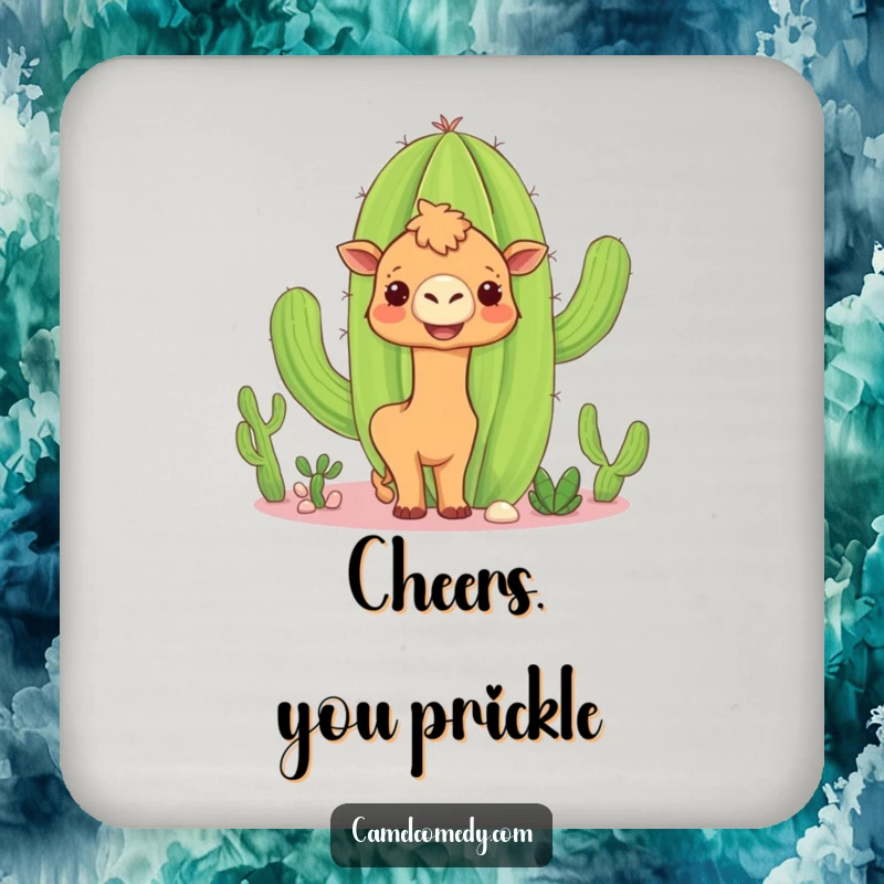 Funny camel cactus coaster depicting a curious camel peeking around a smiling cactus, providing humorous drink protection.