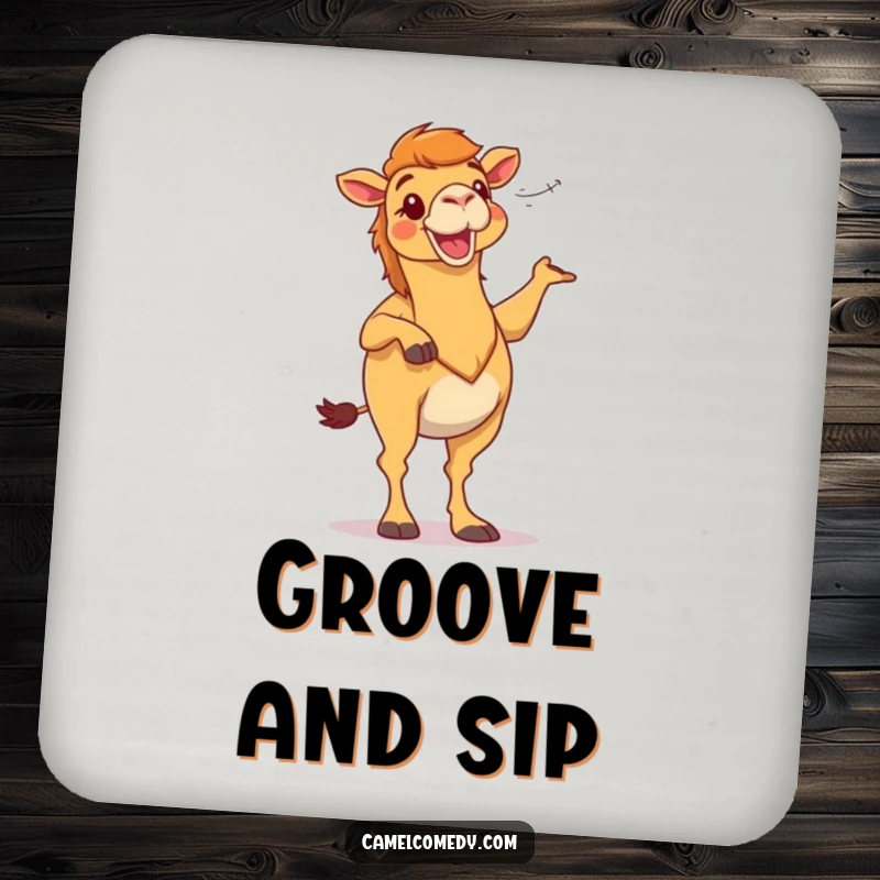 Funny camel character dancing in desert wind, on a protective drink coaster, a humorous household gift.