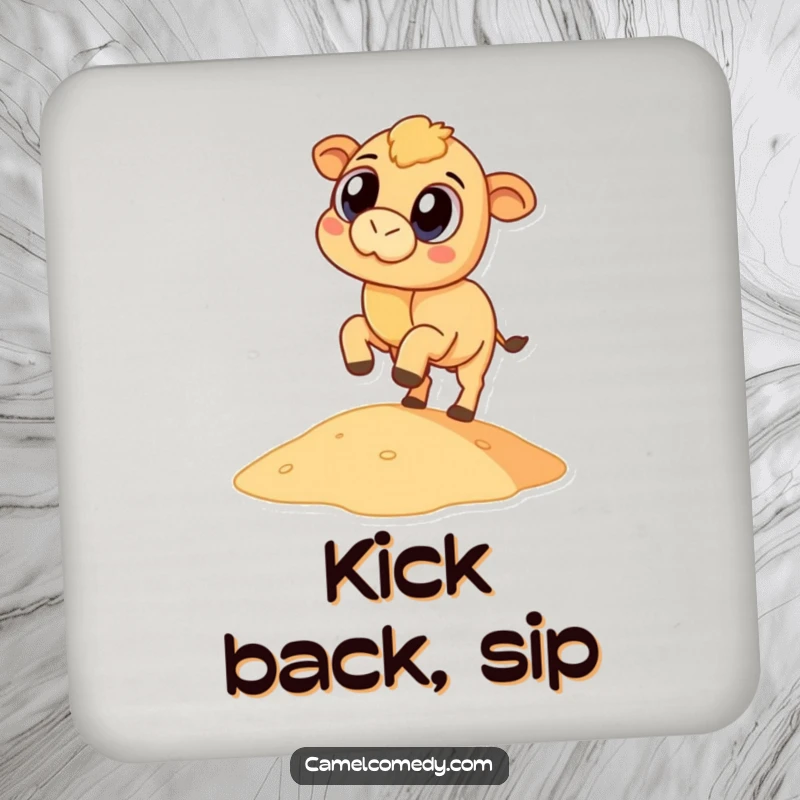 Funny camel kicking a tiny sand dune, depicted on a humorous and protective drink coaster.